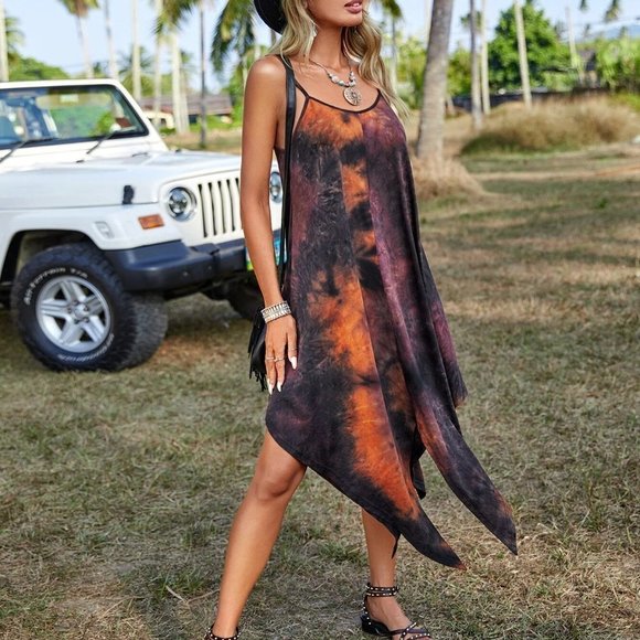 Multicolor boho Womens Tie Dye Asymmetrical Hem Cami Dress - Picture 3 of 5